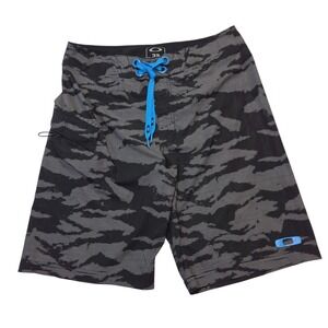 Oakley Boardshorts Men's Size 32 Black Gray Camo Swim Trunks Blue Drawstring